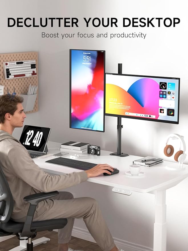 Bracwiser Dual Fully Adjustable Monitor Arm Stand Mount 31.5 Inch Tall Pole Fits Two Screen 13-27 inch 22lbs for Monitor Computer Screen 13 15 17 19 20 22 23 24 26 27 inch VESA 75 100 (MD7842)