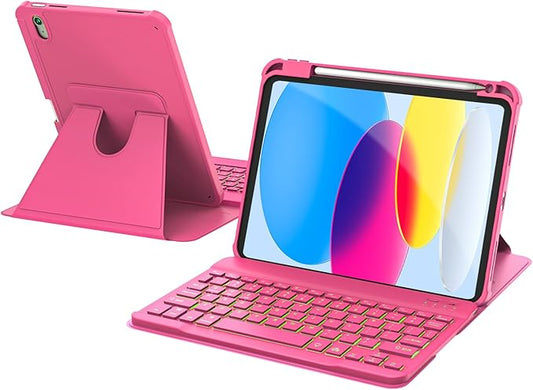 for iPad 11th(A16, 2025)/10th Generation Case with Keyboard, 360° Rotatable Case & Detachable Backlit Keyboard, Precision Cutouts and Pen Holder for iPad A16 11''/10th 10.9'', Hot Pink