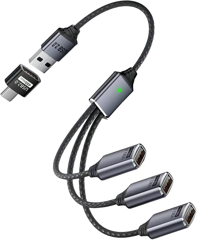 Danfetsoy USB Splitter 1 in 3 Out, USB Y Splitter 1 Male to 3 Female Charging Cable & Type C Male to Type A Female Adapter Converter for Laptop, PC, Computer, Mac, PS5, Xbox, Keyboard, 25cm