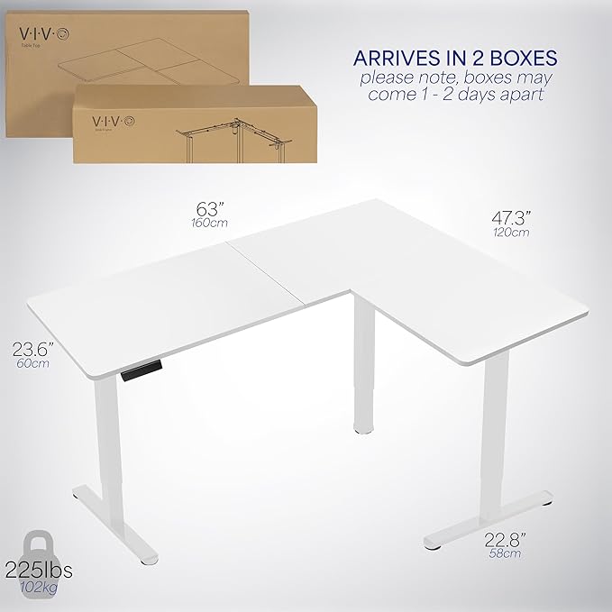 VIVO Corner Standing Desk, 63 x 47 inch Reversible L-Shaped Workstation, Electric Height Adjustment, Home, Office, and Reception Rooms, White Table Top White Frame, DESK-E3CTW-47