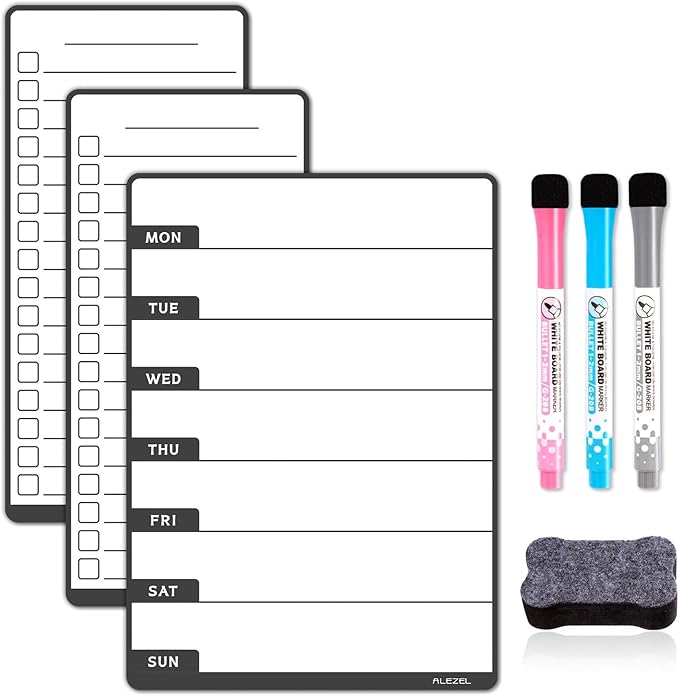 Weekly Dry Erase Board for Fridge, Magnetic Meal Planner Whiteboard Set - Includes Weekly Calendar for Refrigerator & 2 to Do List White Boards, 3 Markers + Eraser