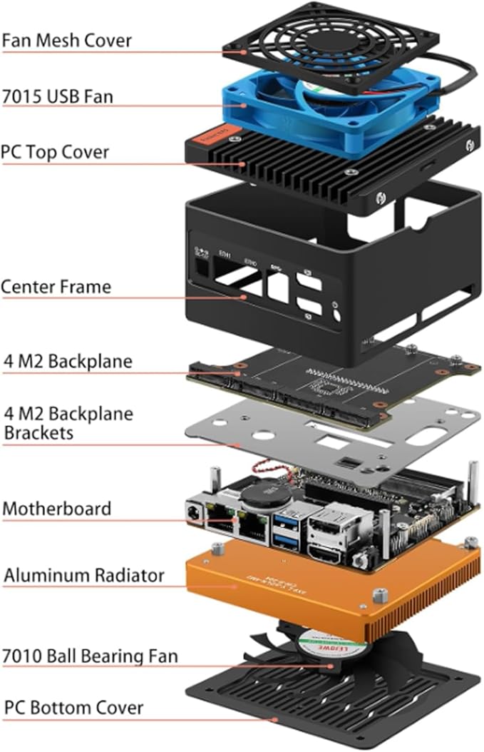 Mini PC i3-N305 4-Bay NAS Server Pocket Host DDR5 4 M.2 NVMe, DDR5 4800 MHz,Dual 2.5GbE LAN,2 USB 3.2 10Gbps Ports Micro Firewall Router (Black, NO RAM NO SSD)