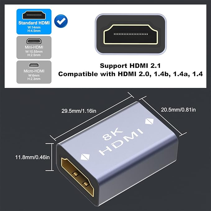 VCELINK HDMI Coupler 8K, HDMI 2.1 Female to Female Extension Adapter to Extend 2 Short Cables, Support 8K@60Hz / 4K@120Hz 120UHD, 3D, HDR, ARC Compatible with Laptop, PC, Monitor, Roku TV, 6 Pack