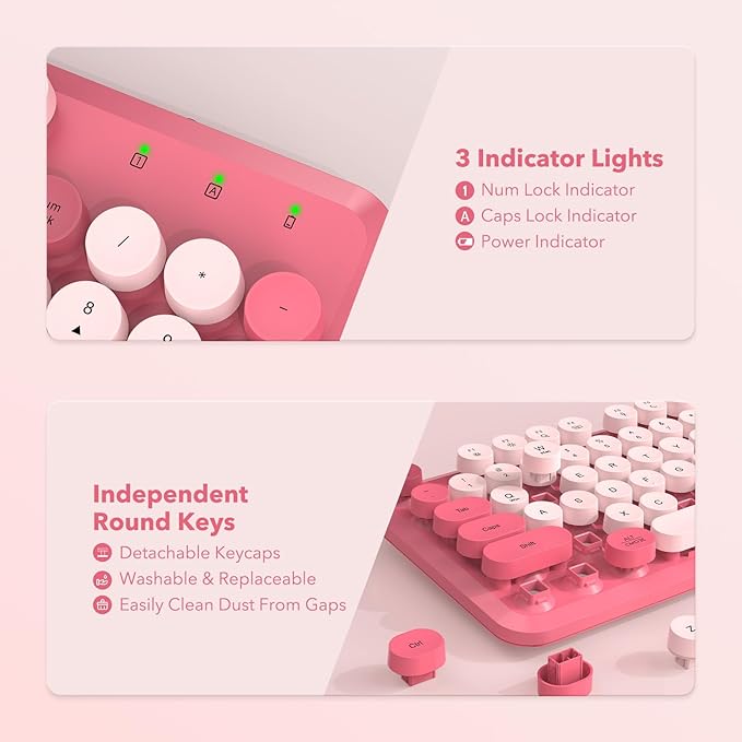Wireless Keyboard and Mouse Combo, Cute Hot Pink Full-Size Retro Typewriter Keyboard with Round Keycaps, Magnetic Wrist Rest, Tilt Legs, 2.4GHz Cordless for Mac, Windows PC, Laptop, SABLUTE CK23