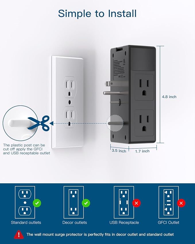 Surge Protector, 5 Outlets Extender with 4 USB Ports(USB C), 3-Side 1680J Power Strip Multi Plug Outlet Expander, USB Wall Charger, Outlet Splitter Adapter Wall Mount for Home Office ETL Listed（Black）