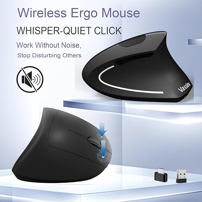 Vassink Ergonomic WirelessMouse, USB A+Type C(2 in 1) Connection, 800/1200/1600 DPI, 6 Silent Buttons, 2.4GHz Carpal Tunnel Rechargeable Vertical Mice, for Laptop, Desktop,MacBook-Black