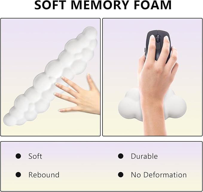 2 PCS Keyboard Cloud Wrist Rest, Memory Foam Keyboard Palm Rest with Non-Slip Base Ergonomic Keyboard Wrist for Pain Relief, Soft Wrist Rest for Office, Computer, Laptop, Gaming Office (White)