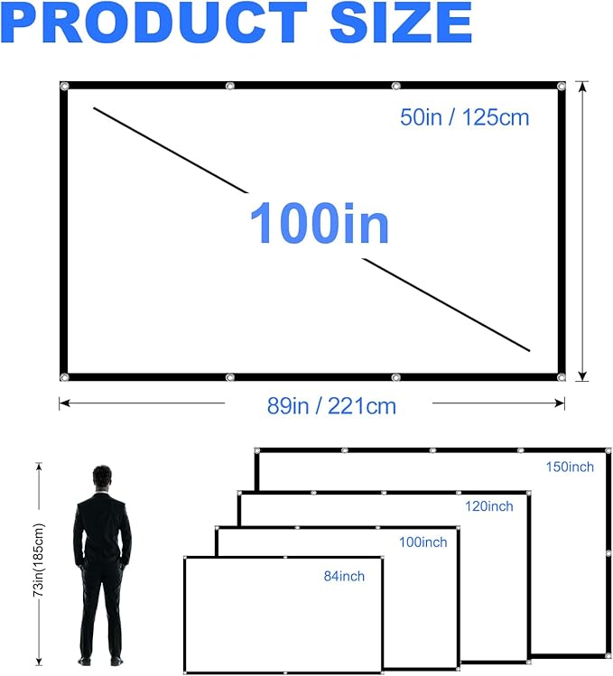 100 inch Projector Screen,DUYIKJ Foldable Washable Portable Rear Front Projector Screen 4K Indoor Outdoor 16:9 HD Projection Movies Screen for Backyard Home Theater Office