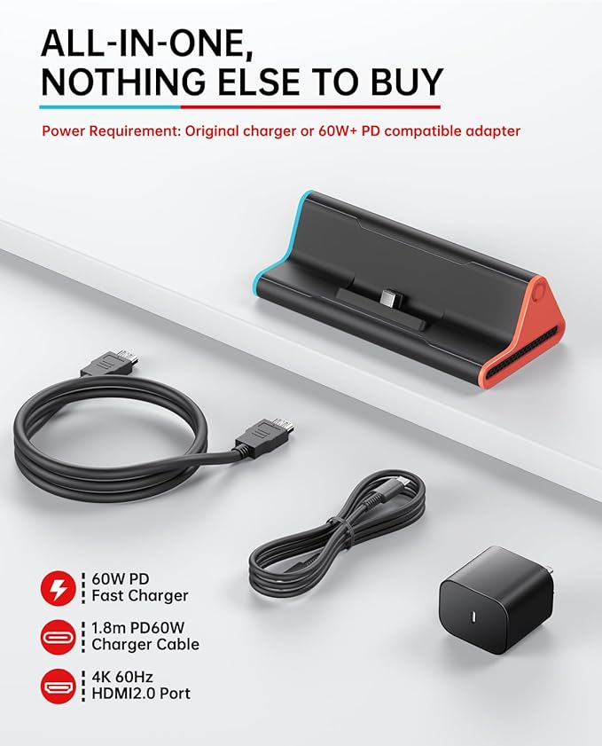 Switch 2 Dock with 60W Charger & HDMI Cable, 4K Portable Docking Station for Nintendo Switch2 Console, Travel TV Connector Stand Base, USB-C Charging Cable, AC Adapter Power Cord, Game Accessories Set