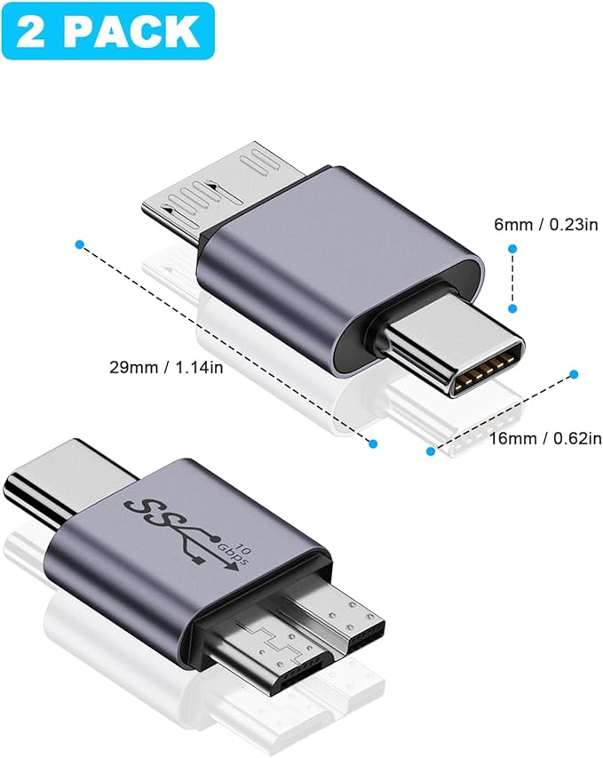 Duttek 10Gbps USB C to Micro B Cable Adapter, Micro B to USB C Adapter, Micro B Male to USB C 3.2 Male Adapter for Hard Drive Cable for External Portable SSD HDD 2 Pack