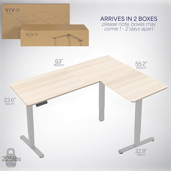 VIVO Corner Standing Desk, 63 x 55 inch Reversible L-Shaped Workstation, Electric Height Adjustment, Home, Office, and Reception Rooms, Light Wood Table Top Gray Frame, DESK-E3CTGC