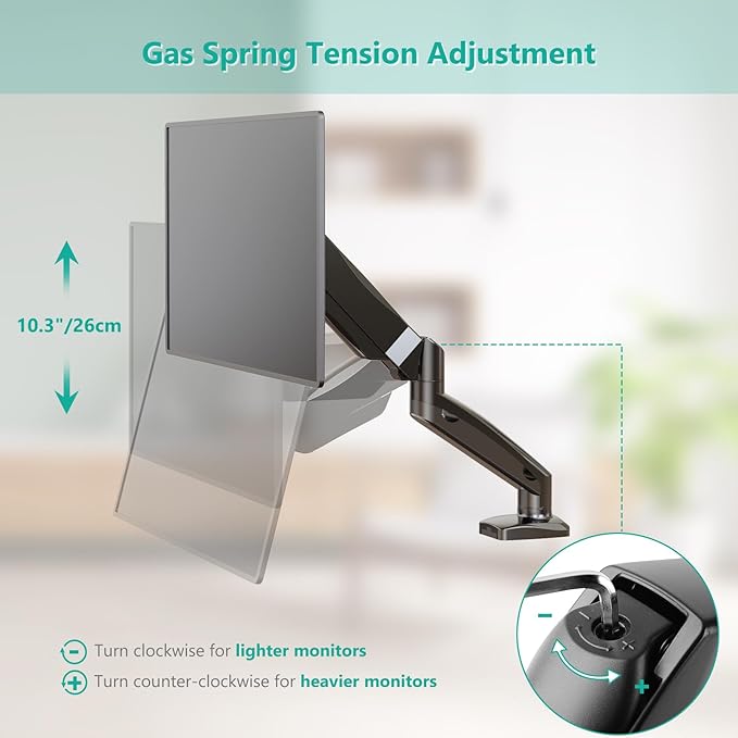 WALI Single Monitor Arm for 17-32 inch Screens, Adjustable Gas Spring Single Monitor Mount Holds 19.8lbs, Computer Monitor Stand for Desk, Clamp and Grommet Base, VESA 75/100mm (GSMP001), Matte Black