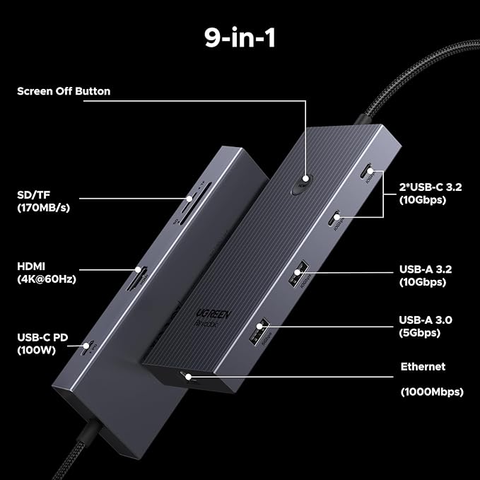 UGREEN Revodok Pro 9 in 1 USB C Hub Gigabit Ethernet Adapter 4K@60Hz HDMI, 100W PD Charging, USB A Data Ports, SD/TF Card Reader Compatible with Mac M1, M2, M3,M4, M5,Steam Deck