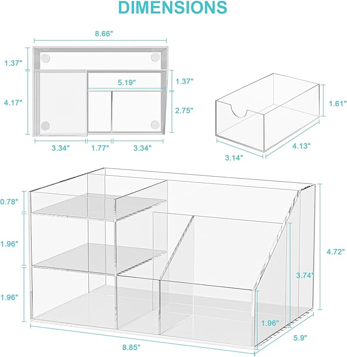 VITVITI Acrylic Desk Organizer, Clear Pencil Organizer for Desk, Multifunctional Desktop Stationary Pen Organizer, 8 Compartment Storage with Drawer, for Office/A4 Paper/Art Supply