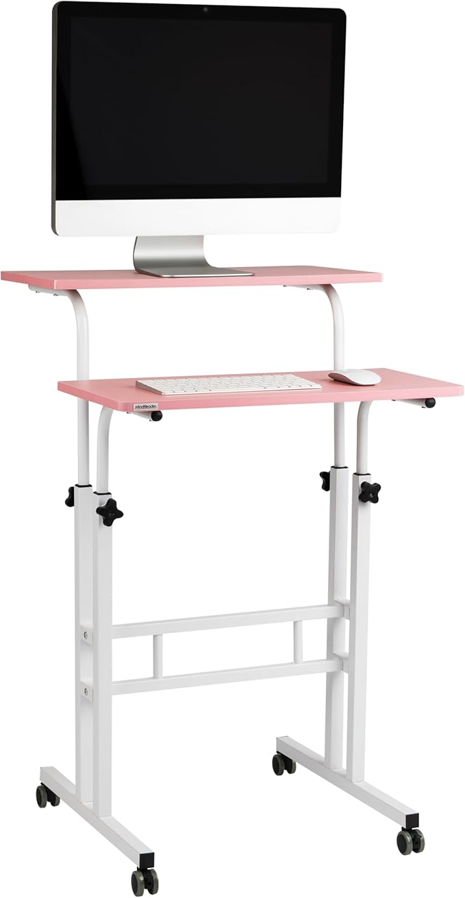 Mind Reader Standing Desk, Adjustable Height Laptop Workstation, Portable Rolling Desk on Wheels, Two-Tier Metal Frame, Pink