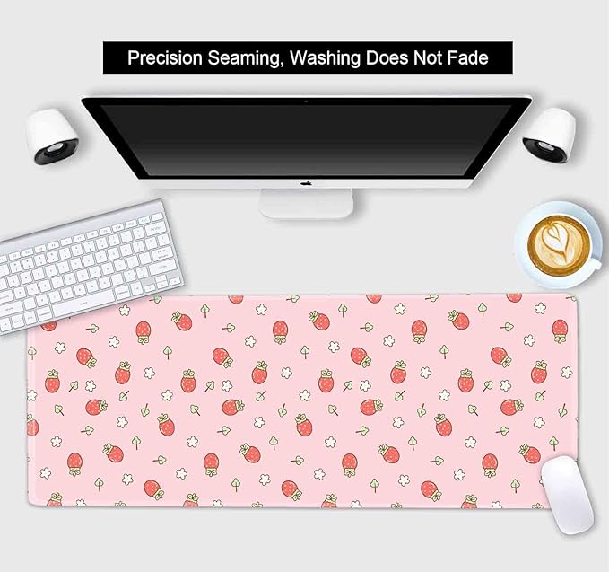 Pink Cute Desk Mat, Strawberries Mouse Pad XL, Aesthetic Hearts Desk Pad, Pastel Kawaii Deskmat, Laptop Office Gaming Computer Home Mice Mat Mousepad Stylish Office Gift, 31.5 X 11.8 Inch