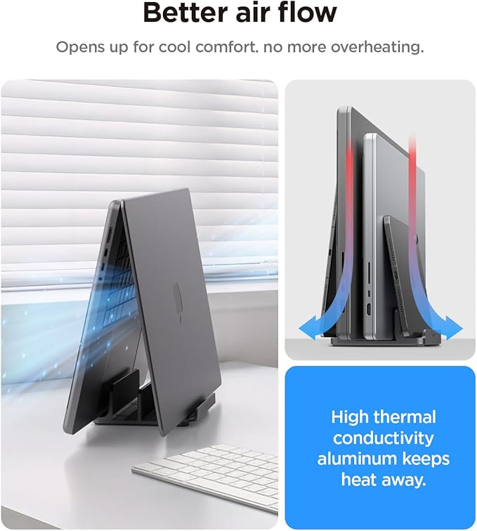 Spigen Vertical Laptop Stand Holder for Desk with Adjustable Dock, 4 Slots Total Fits All MacBook 11"-16"/HP/Dell/Surface/Samsung/LG/Chrome Book LD208S4 - Space Gray