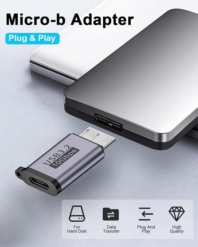 Duttek USB C to Micro B Adapter 10Gbps, Micro B to USB C Adapter 3.2, USB Type C Female to Micro B Male Converter for Hard Drive Cable, External Hard SSD Drive, Tablet, Phone, Laptop, 2 Pack Grey