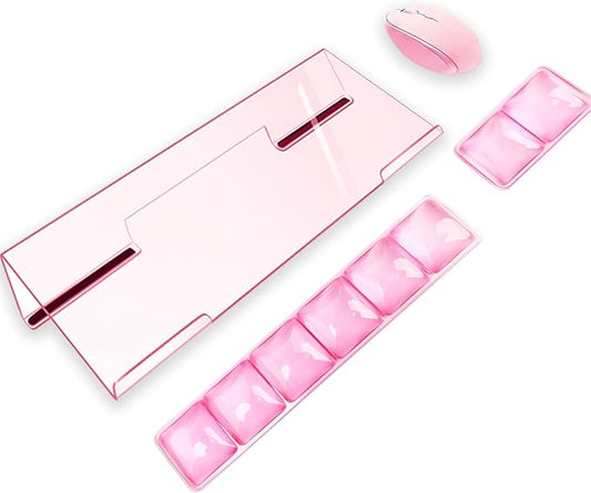 Acrylic Computer Keyboard Stand with Gel Plaid Wrist Rest Keyboard Riser with Comfortable Clear Silicone Mouse Wrist Pad Ergonomic Tilted Transparent Keyboard Holder for Desktop Office Hot Pink