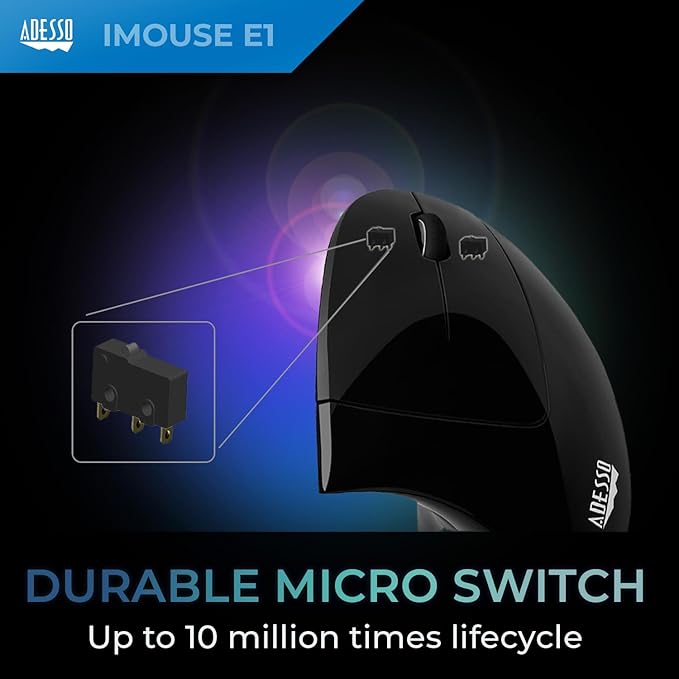 Adesso Wired Vertical Ergonomic Illuminated Optical 6-Button USB Mouse - Right Hand Orientation, Black