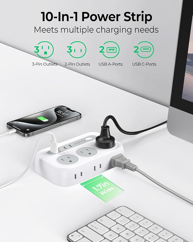 ORICO Surge Protector Power Strip, Multiple Outlets Extension Cord with 6 AC Outlets 2 USB-A and 2 USB-C Ports, 10 ft Long Flat Plug Power Strip, Mountable Outlet Extender for Dorm/Office/Home- OG