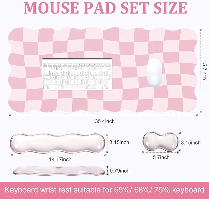 L-SPOUTTO Pink Checkered Mouse Pad Set,Scalloped XXL Desk Mat + Ergonomic Mouse Wrist Rest + Gel Keyboard Wrist Rest for Keyboard 65%/75%,3in1 Large Desk Pad for Desktop Home Office Computer Game