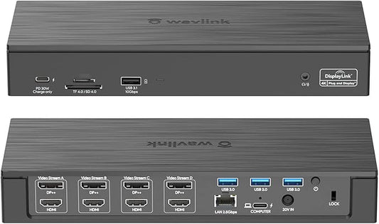 WAVLINK 18-in-1 Quad Monitor USB C Docking Station with 4 HDMI, 4 Displayport, Compatible for Mac Windows Thunderbolt 4/3, 100W Power, 2.5G Ethernet, USB3.0, SD/TF, Audio/Mic (Quad Monitor Display)
