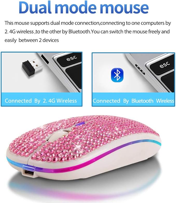 Bluetooth Mouse,Bling Dazzling 2.4GHz Rechargeable Wireless Mouse Slim Mouse with USB Receiver, Compatible with Notebook, PC, Laptop, Computer, MacBook,Great Present idea for Her (Pink)