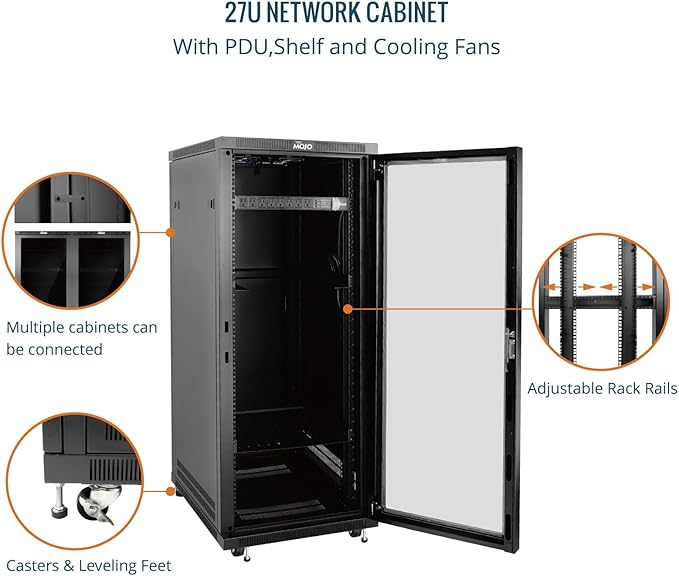 Tecmojo Network Rack Cabinet,27U Server Rack,23.6 Inch Depth,Hold Up to 1800Lbs,Lockable Cabinet with Casters and Complete Accessories,Clear Door,for Home,Office,Small Business (27U 23.6" w*23.6" d)