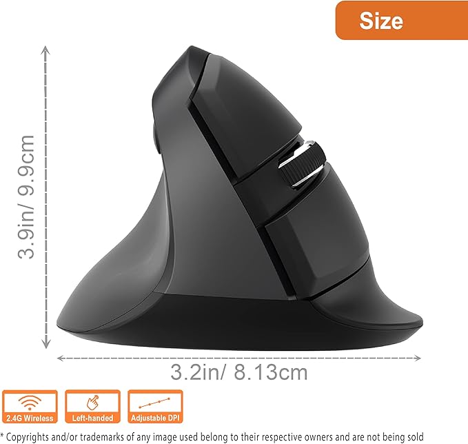 J-Tech Digital Left Handed Wireless Ergonomic Vertical Mouse for Small Hands with USB Nano Transceiver, AA Battery, 4 DPI, Compatible with Mac and PC, Black [V628ML]