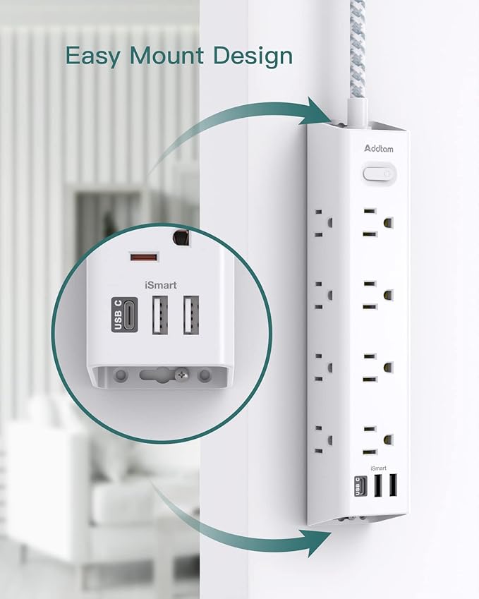 Surge Protector Power Strip - 25 FT Extension Cord, Power Strip with 12 Widely AC Outlet 3 USB, Flat Plug Wall Mount Overload Protection, 1050J, Desk Charging Station for Home Office, ETL Listed,White
