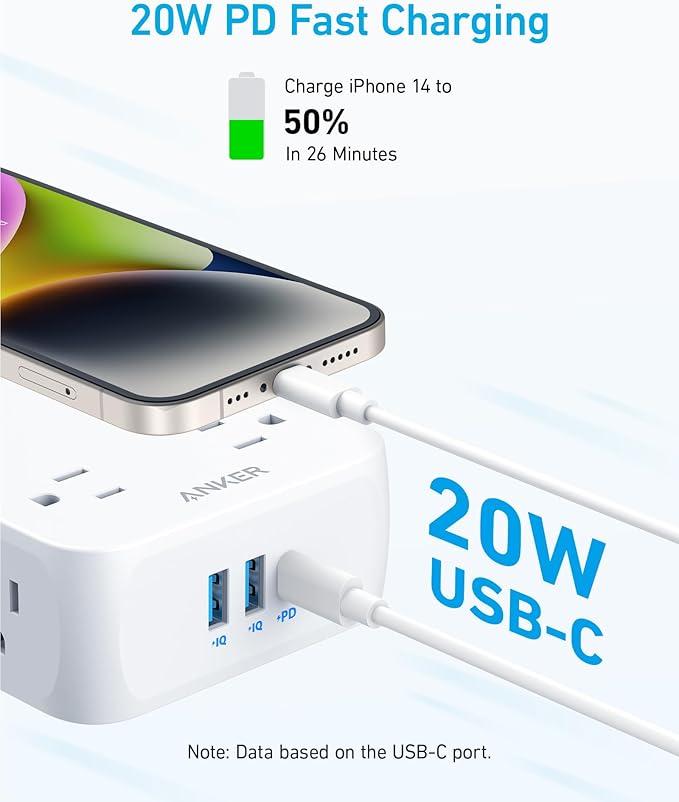 Anker Surge Protector Flat Plug Power Strip 2000J, 5ft Thin Extension Cord, 8 Outlets,2 USB A and 1 USB C Port,20W for iPhone15,Wall Mount,Compact for Home,Office,Room,TUV Listed (Pack of 2)