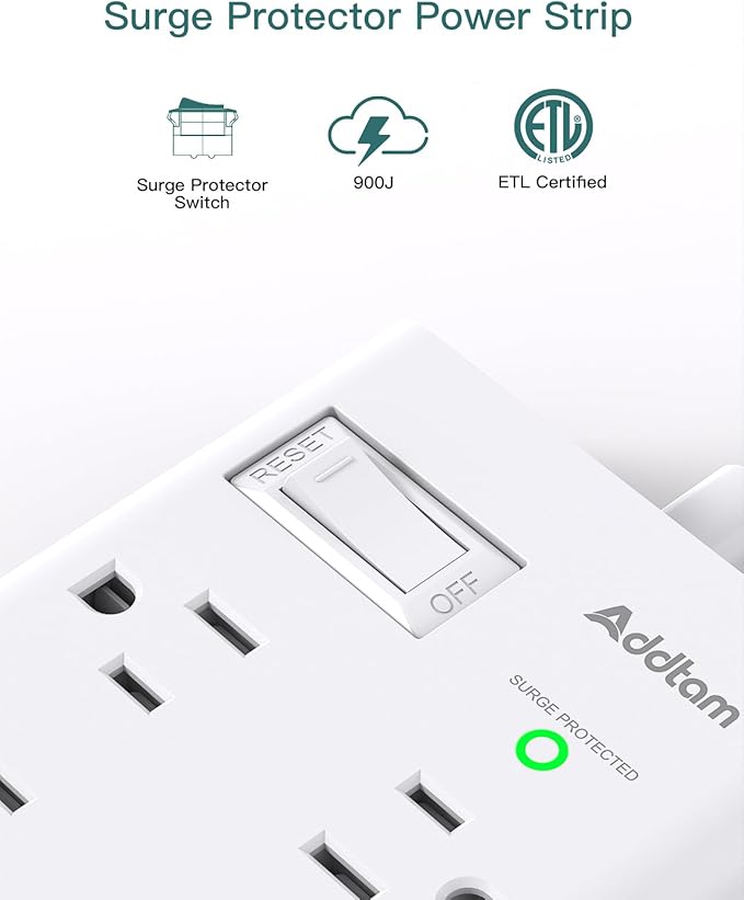 Surge Protector Power Strip, Addtam Flat Plug Extension Cord with 6 Outlet 4 USB Ports (2 USB C), 5FT Outlet Extender Strip for Home Office College Dorm Room Essentials