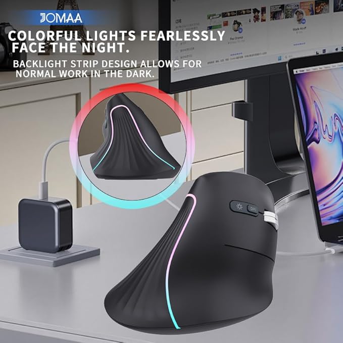 JOMAA Wireless Vertical Mouse, Multi-Device Bluetooth 5.2 & 2.4G Ergonomic Mouse with RGB Lighting, 4000 CPI, 500mAh Rechargeable, for Laptop, PC, Computer, Mac, Windows,Android, Desktop
