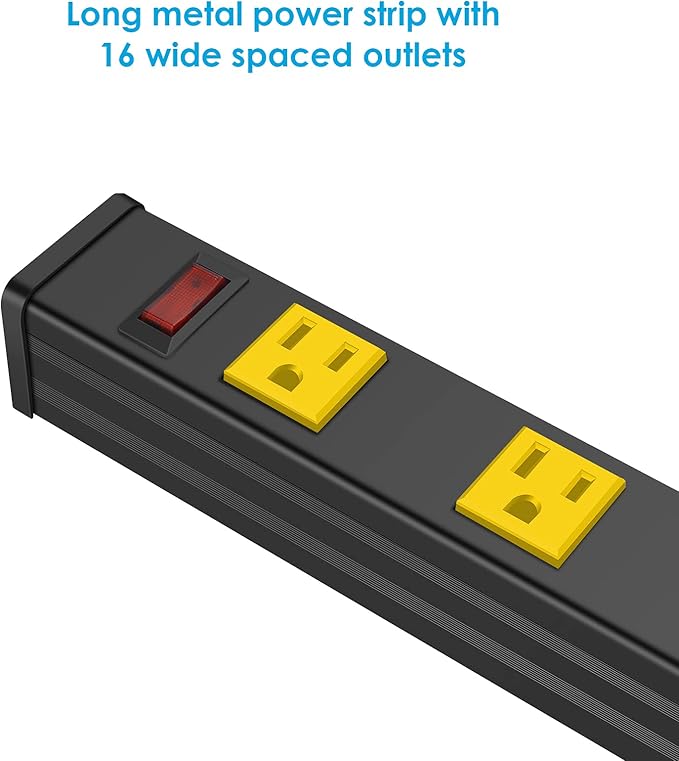 JUNNUJ Long Metal 16 Outlet Wide Spaced Garage Industrial Heavy Duty Power Strip with 10 FT Cord 15A, 125V, 1875W. Yellow