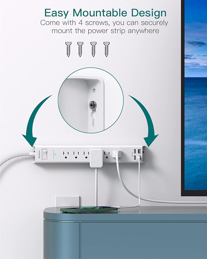 25ft Extension Cord - Flat Power Strip Surge Protector with 6 AC Outlets 4 USB (2 USB C), Wall Mount, 900 J, Multi Plug Outlet Extender for Home Office Dorm Room Essentials