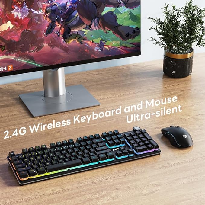 NPET S21PRO Wireless Gaming Keyboard and Mouse Combo, LED Backlit Rechargeable 3500mAh Battery, Mechanical Feel Anti-ghosting Keyboard + 7D 3200 Mice for PC Gamer（USB Receiver is Under The Mouse）