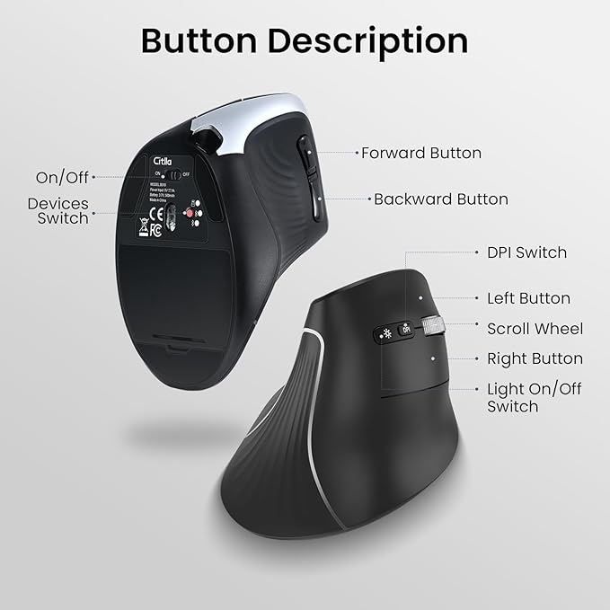 Wireless Ergonomic Vertical Mouse, Rechargeable Tri-Mode (Dual Bluetooth + 2.4G USB) Optical Mouse with Adjustable RGB Lighting, Multi-Device Control for Laptop, PC, Mac, iPad, Desktop (Dark Black)