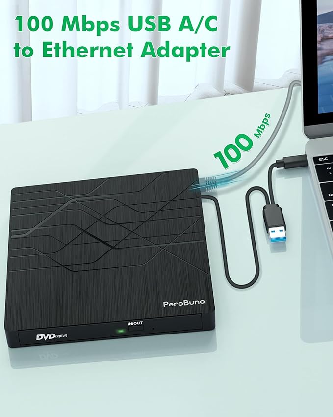 Super External CD DVD Drive, USB 3.0 DVD Burner with Ethernet Adapter, 3 USB and 2 TF/SD Card Ports, CD DVD Player Reader Writer Optical Disk Drive for Laptop MacBook PC Windows 11/10/8/7 Linux Mac OS