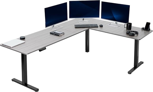 VIVO Corner Standing Desk, 84 x 63 inch Reversible L-Shaped Workstation, Electric Height Adjustment, Home, Office, and Reception Rooms, Dark Gray Table Top Black Frame, DESK-E3CTBG-84