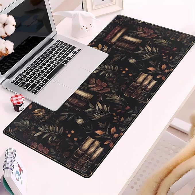 Vintage Plant Desk Mat Gaming Large Mouse Pad, Vintage Books Gothic Desk Pad Bookcase Mouse Mat XXL Laptop Keyboard Pad, Laptop Keyboard Mousepad Aesthetic Accessories for Women 31.5" X 15.7"