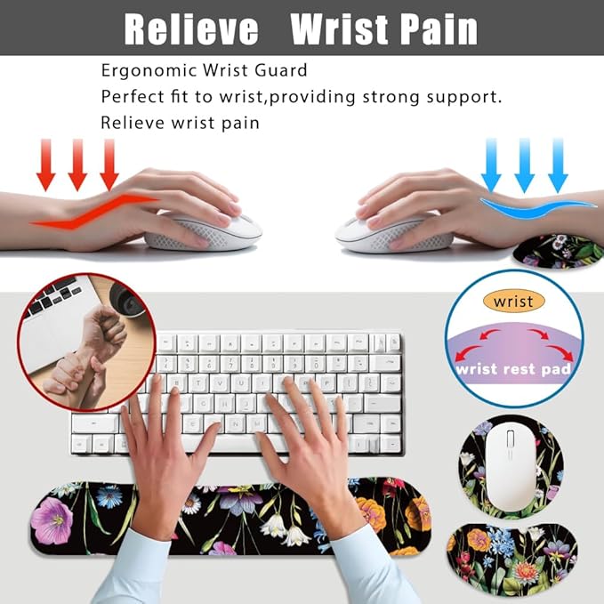 4 in 1 Large Keyboard Mouse Pad Set, Ergonomic Keyboard Wrist Rest Pad, Wrist Support Mousepad Set, Cup Coaster, Extended Desk Mat for Home Game Women Office Desk Decor Accessories(Floral)