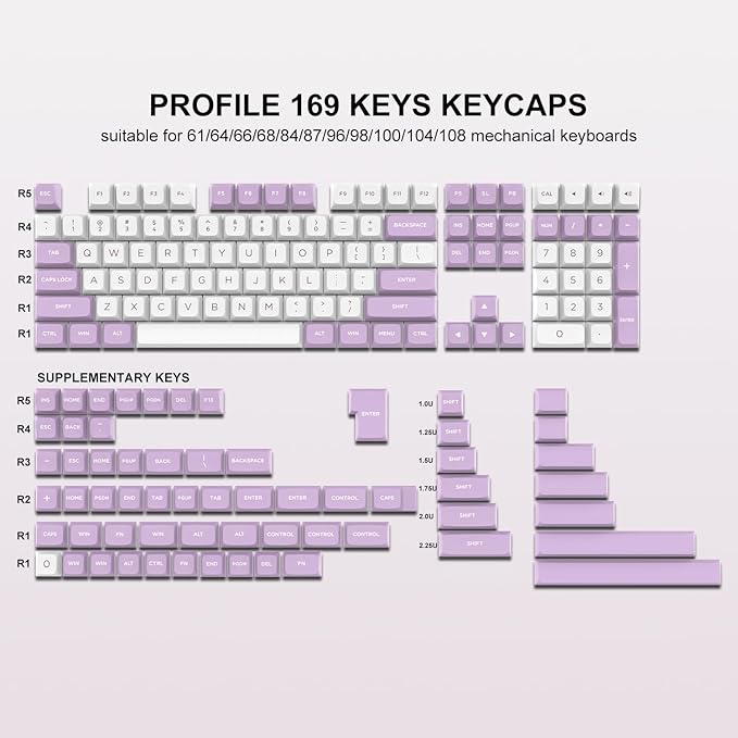 dagaladoo PBT Keycaps,White/Purple keycaps 60% 65% 100%, Japanese Style Custom Keycap, ISA Profile Keyboard Key caps for 60% 65% 75% 100% TKL US Layout Mechanical Keyboard（169keys