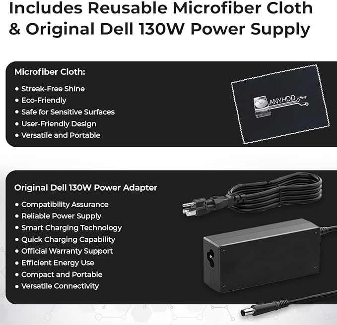 Dell WD19S Docking Station 130W (90W Power Delivery) - Dell Docking Station Dual Monitor for Laptop with 130W Power Adapter + Anyhdd HDMI Cable + DisplayPort Cable + USB-C Cable + Microfiber Cloth