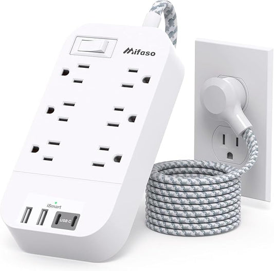 Power Strip - 15 FT Long Flat Plug Extension Cord, 6 Outlets 4 USB Ports（2 USB C, Outlet Extender with Overload Protection, Wall Mount, Desktop Charging Station for Office and Dorm Essential