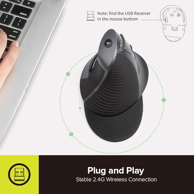 DELUX Ergonomic Vertical Mouse Wireless, Rechargeable Vertical Mouse, Bluetooth/2.4G Dual Mode, Slient Click, Removable Wrist Rest, 800/1200/1600DPI Levels, 6 Buttons, for Laptop/PC (M618G DB-Black)