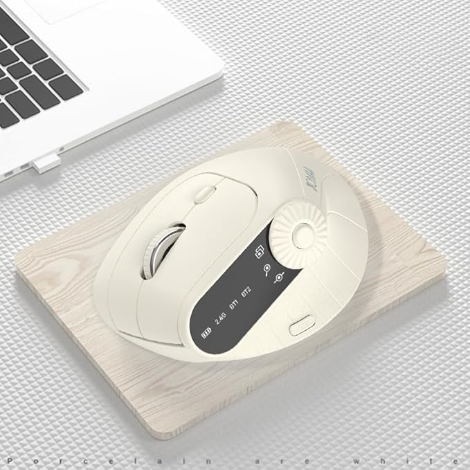 JOMAA Wireless 2.4G & Dual Bluetooth Three-Channel Ergonomic Vertical Mouse Adjustable DPI, Multi-Function Turntable for PC, Laptop, MacBook, Rechargeable (Beiga)