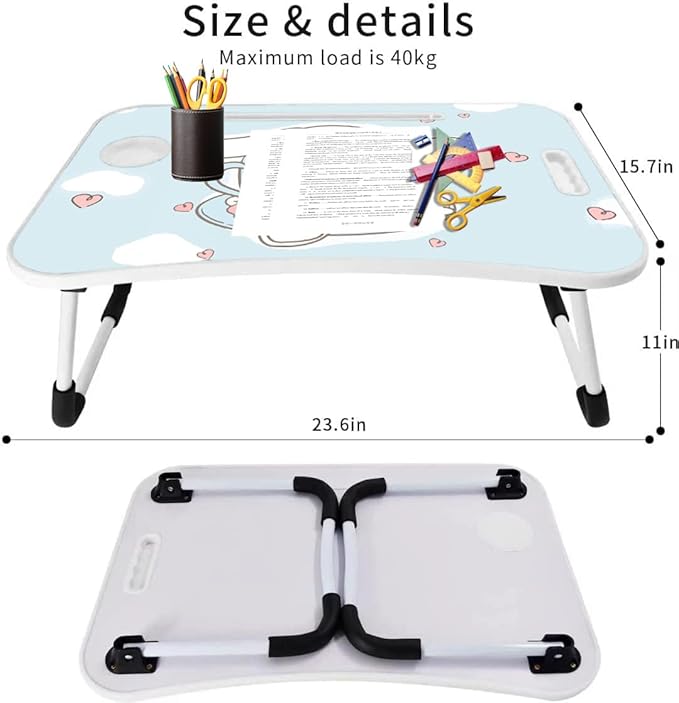 Kawaii Laptop Desk Foldable Kawaii Bed Desk Table Cute Folding Breakfast Tray Portable Lap Standing Desk Notebook Stand Reading Holder for Bed/Couch/Sofa/Floor (Blue)