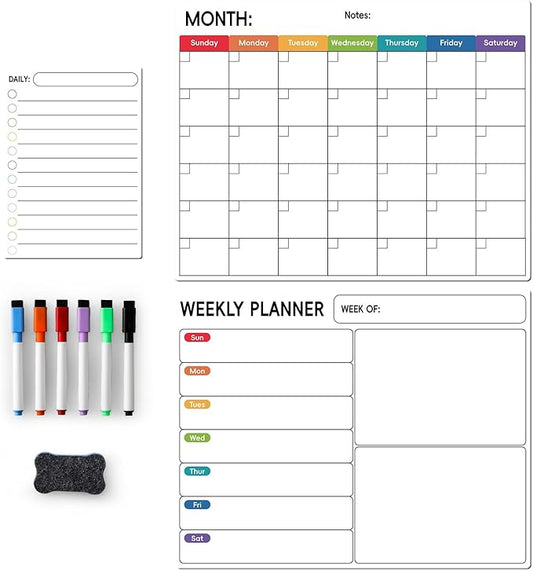 3 Pack， Magnetic Dry Erase Calendar for Refrigerator - Monthly, Weekly, Daily Magnet Fridge Whiteboard Planner for Chore Chart, Menu, to Do List, 14"X11", w/ 6 Markers, Style 3