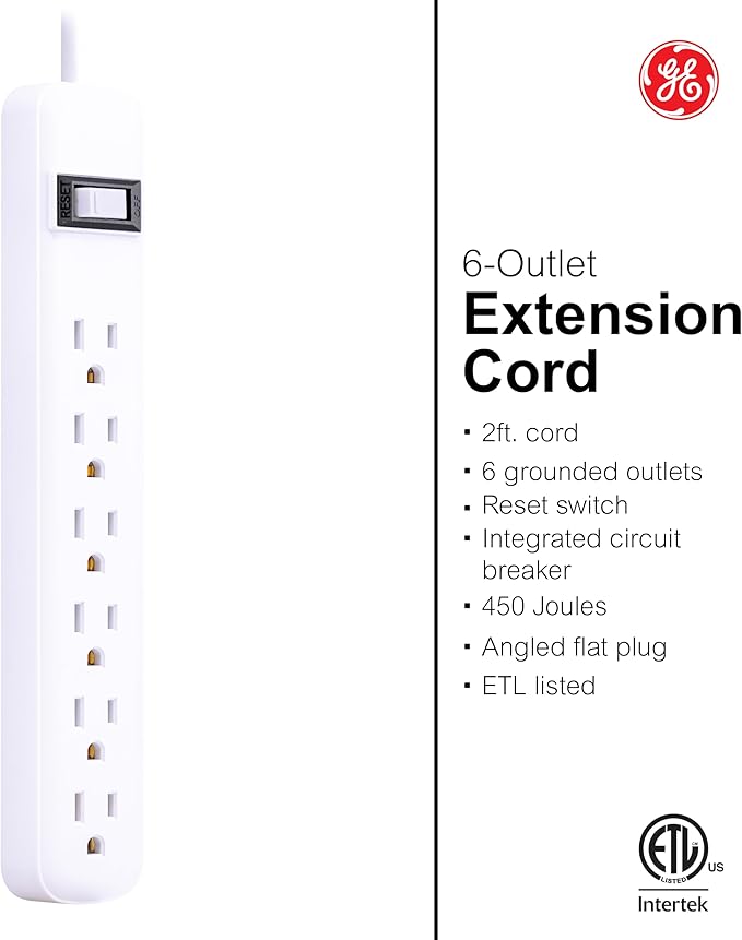GE 6-Outlet Surge Protector, 2 Ft Extension Cord, Power Strip, 450 Joules, Twist-to-Close Safety Covers, UL Listed, White, 33656
